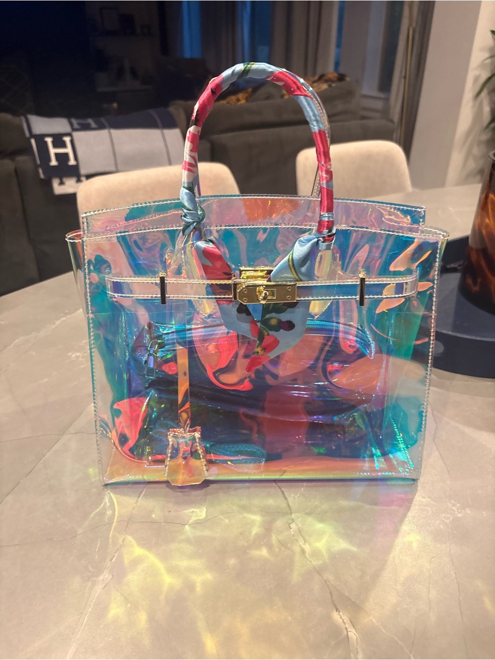 Iridescent Clear Tote Bag with Gold Hardware - Multicolor